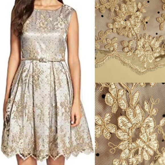 ELIZA J POCKETS FLORAL NEUTRAL TAN BLACK DOT COCKTAIL FIT & FLARE DRESS 2 SMALL - Picture 1 of 16